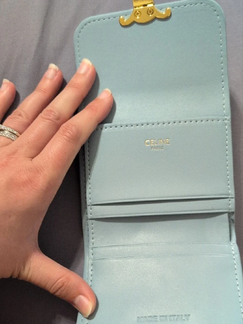 Small Leather Wallet in Pale Blue with Gold accents